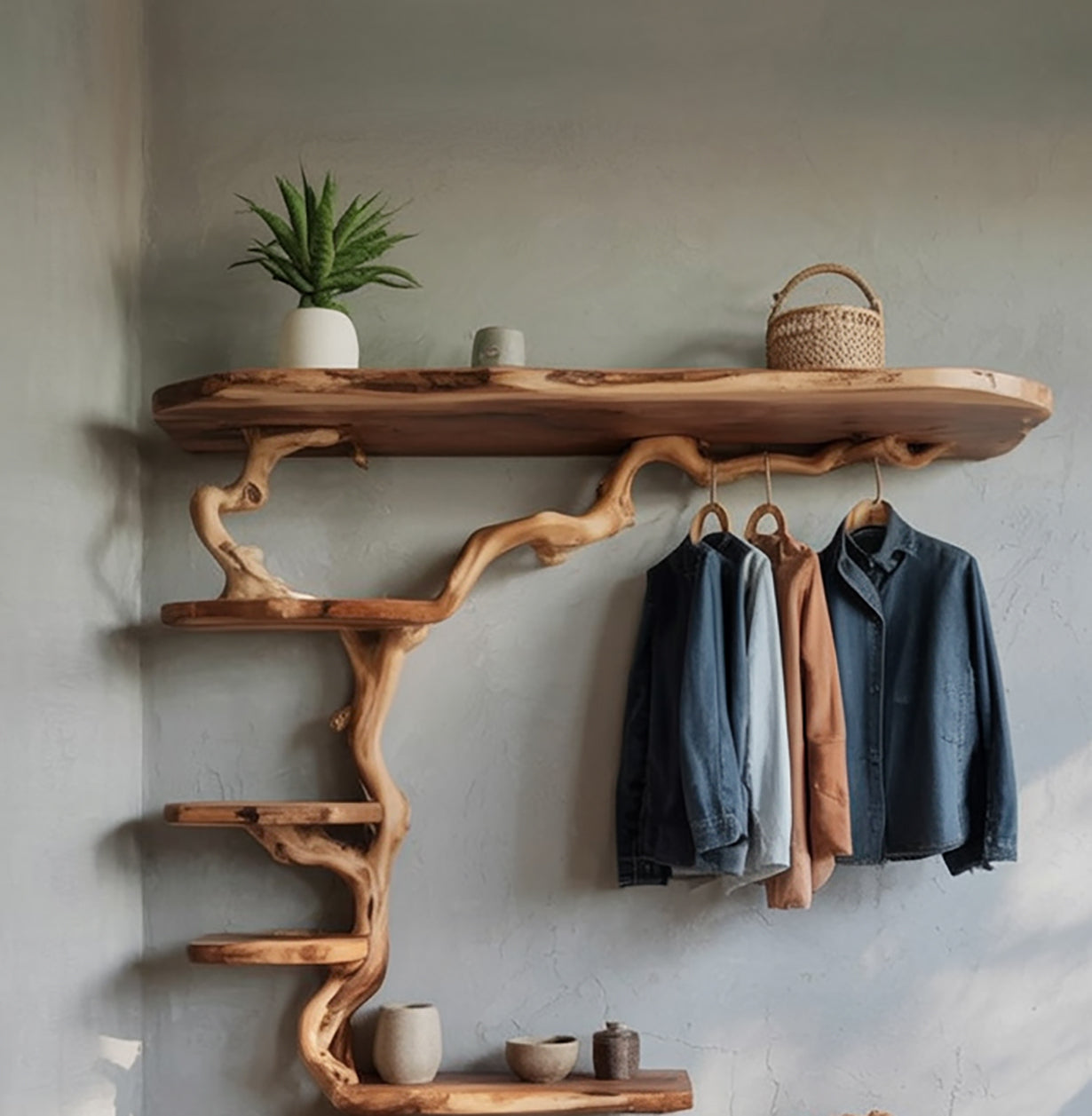 Tree Branch Coat Rack Driftwood Coat Hook Wall Mount Shoe Bench Solid Wood Storage Hanging