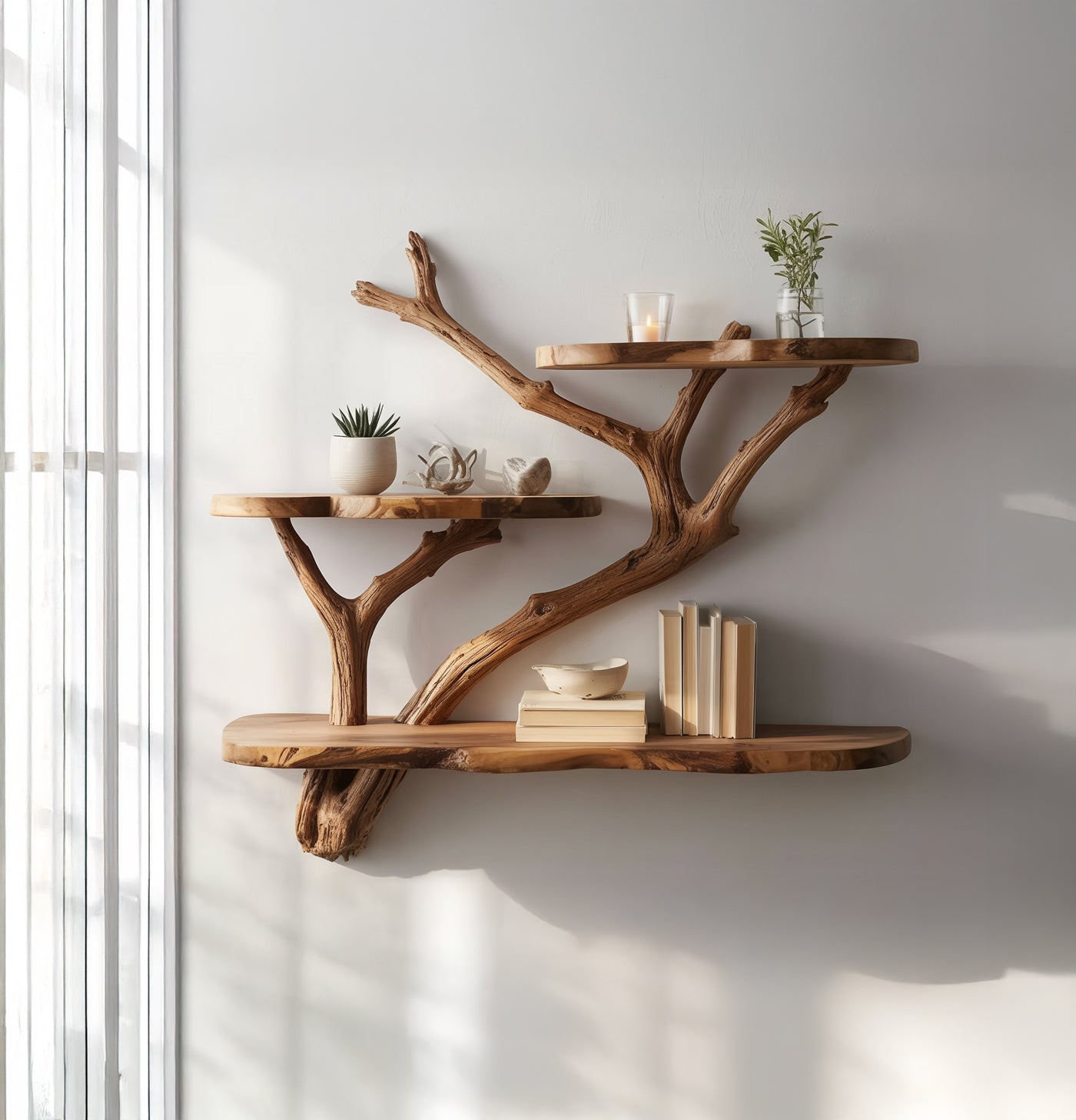 Handcrafted Tree Wall Bookshelf – Sculptural Wooden Floating Shelf