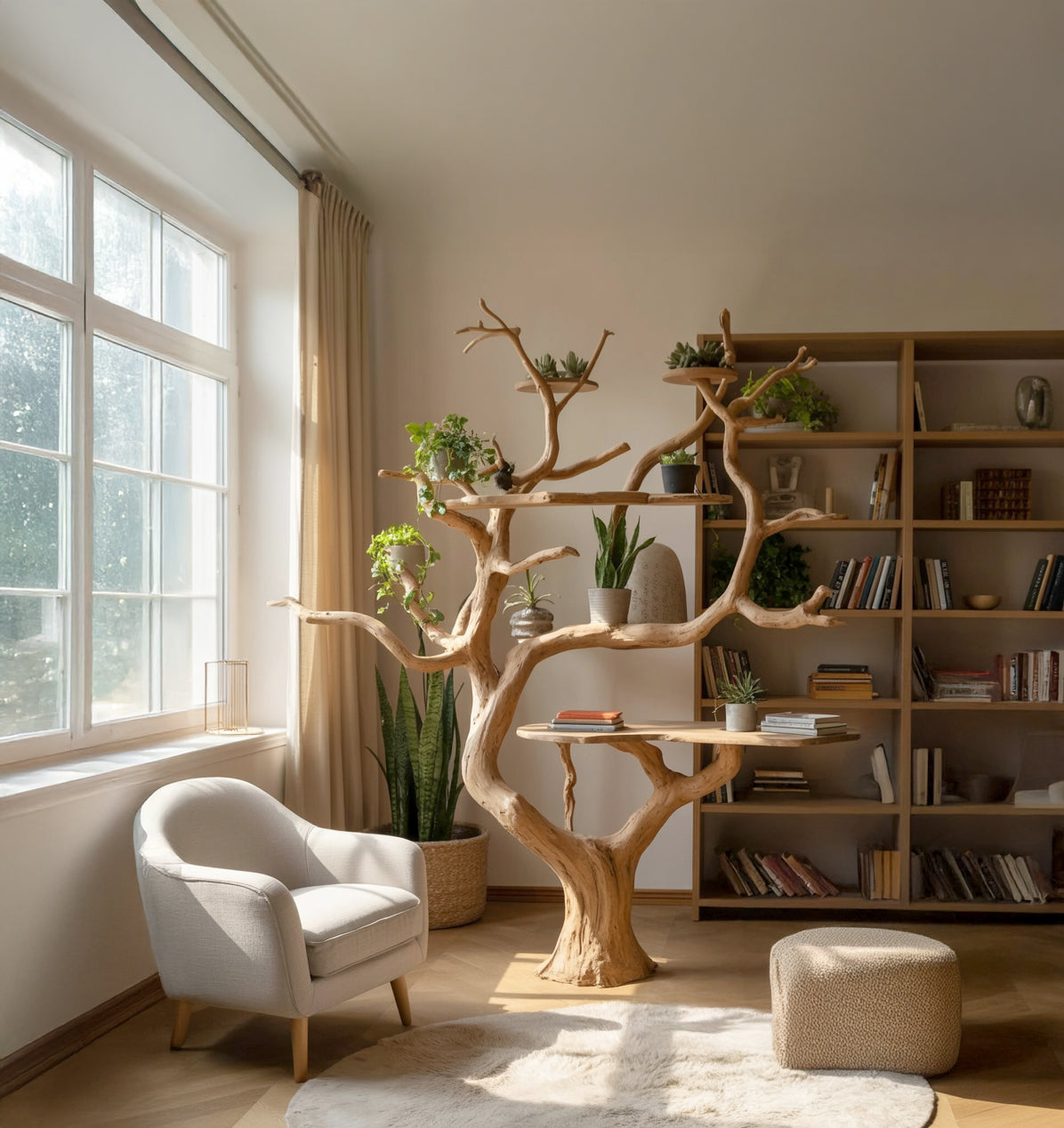 Cozy living room with large window, beige armchair, tree-shaped wooden plant stand, and bookshelf