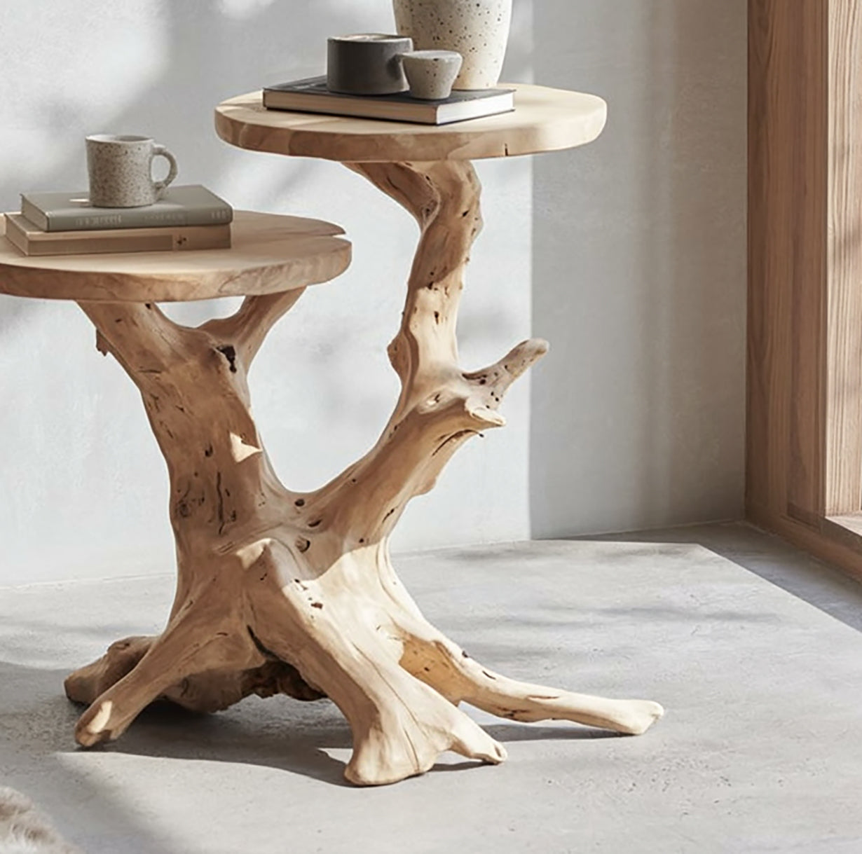 Natural wood branch side table with two round tops holding books and ceramic mugs in minimalist room