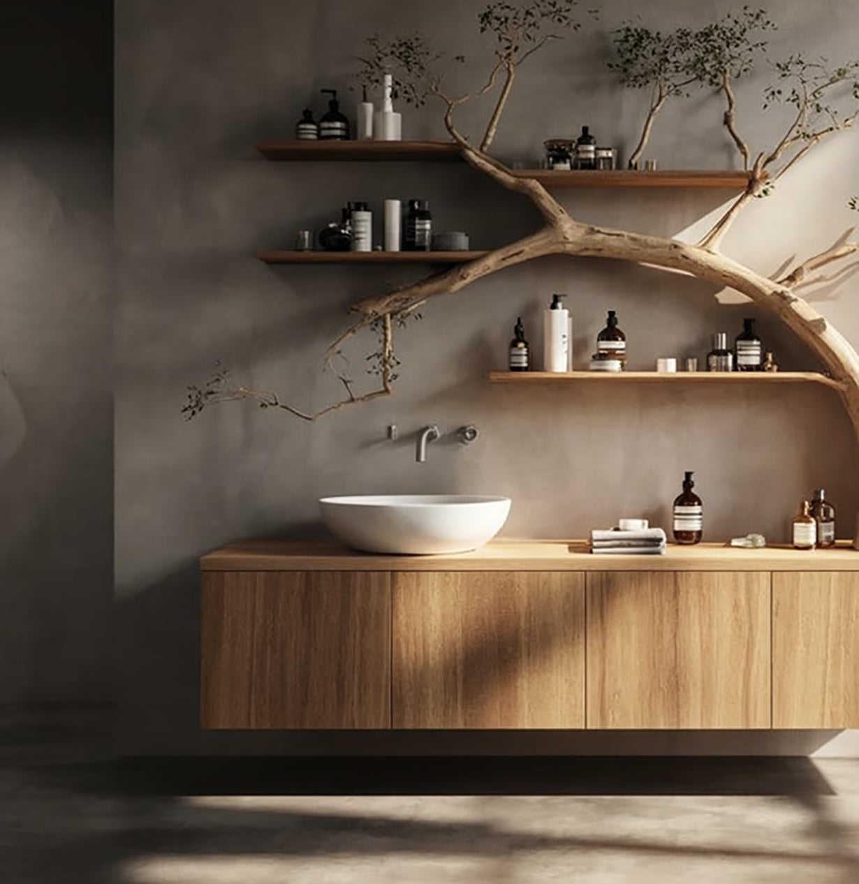 Tree Branch Bathroom Vanity & Floating Shelves – Solid Wood Sink Console