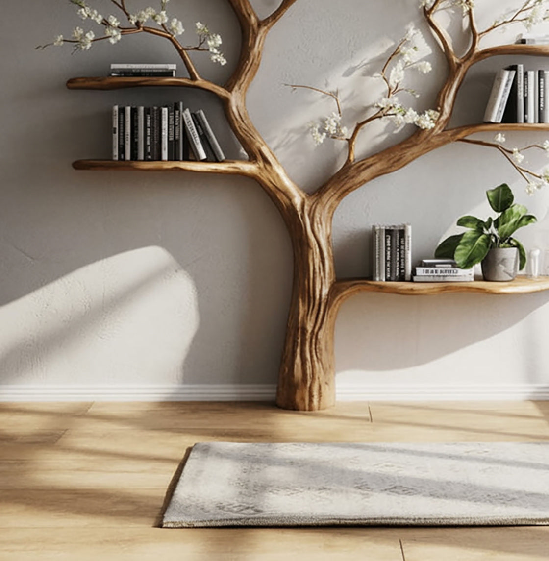 Live Edge Tree Bookcase – Elegant Floral Branch Shelf for Home Decor