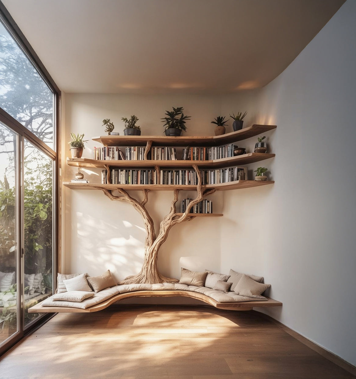 Tree Bookshelf with Built-In Bench – Live Edge Wood Wall Shelf for Reading Nook