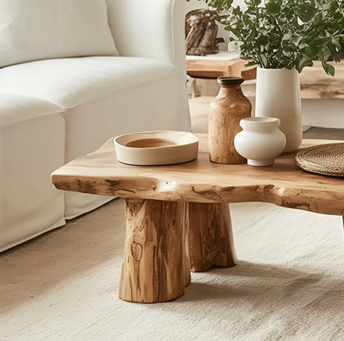 Rustic Live Edge Wood Coffee Table – Solid Wood Farmhouse Living Room Table