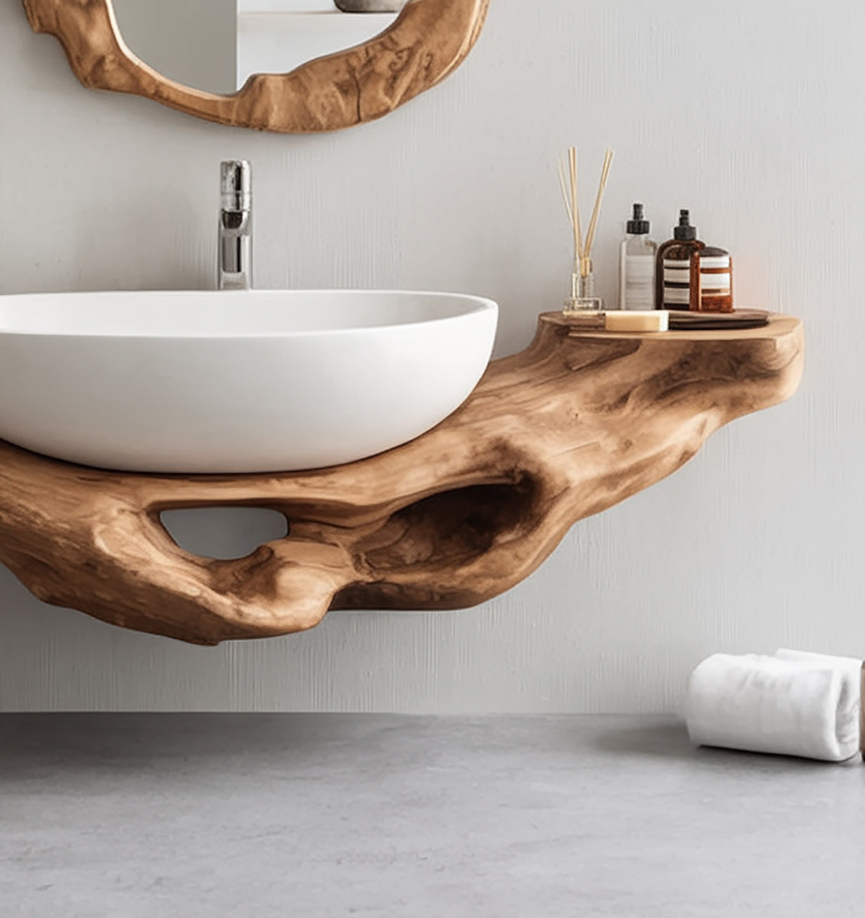 Organic Live Edge Wooden Bathroom Vanity Shelf – Handcrafted Solid Wood