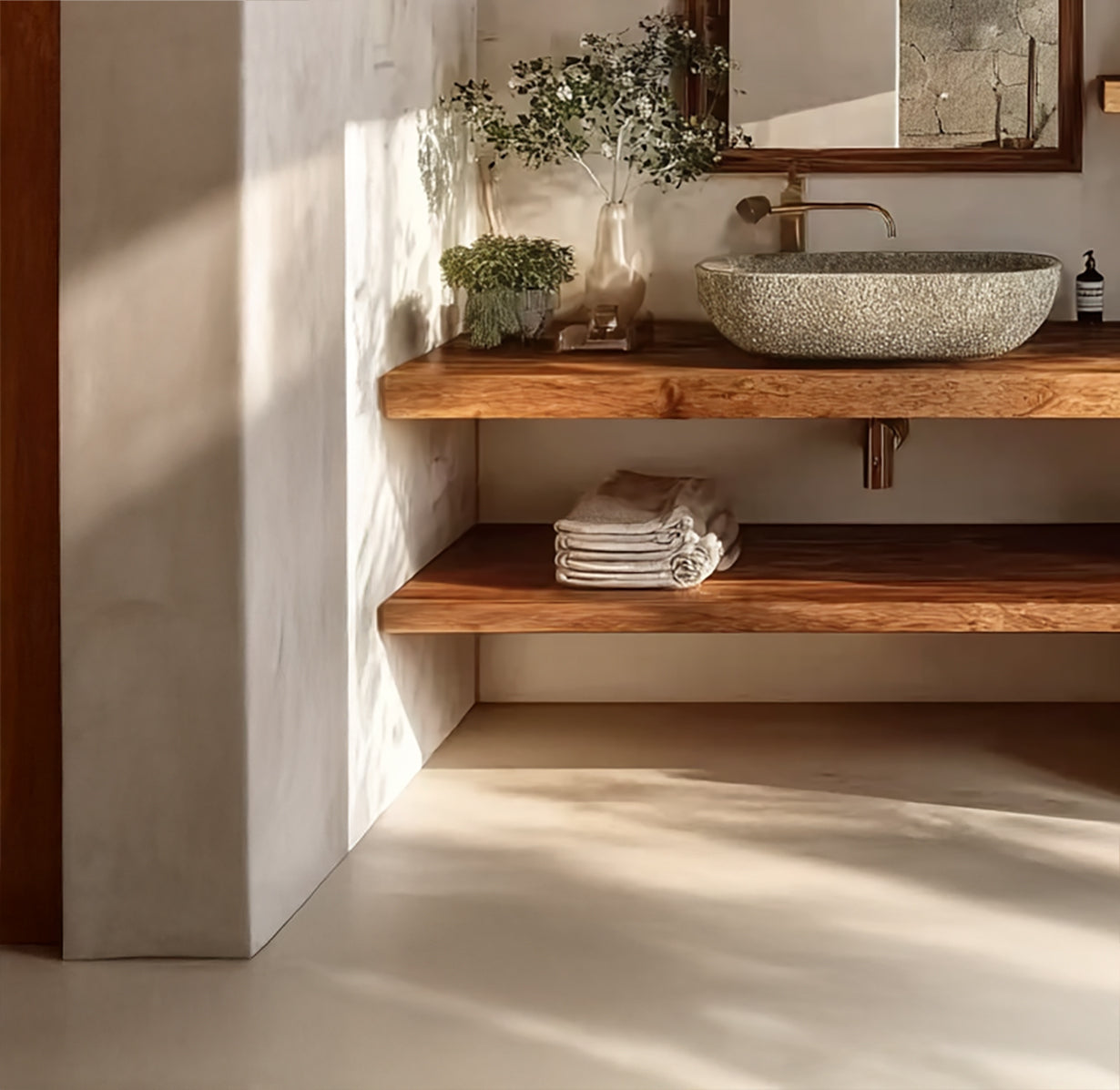 Rustic Floating Wooden Bathroom Vanity with Open Shelves – Handmade Solid Wood