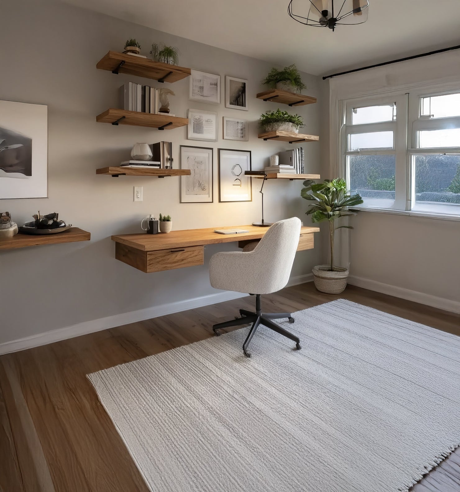 Floating Wooden Desk with Wall Shelves – Minimalist Solid Wood Workstation