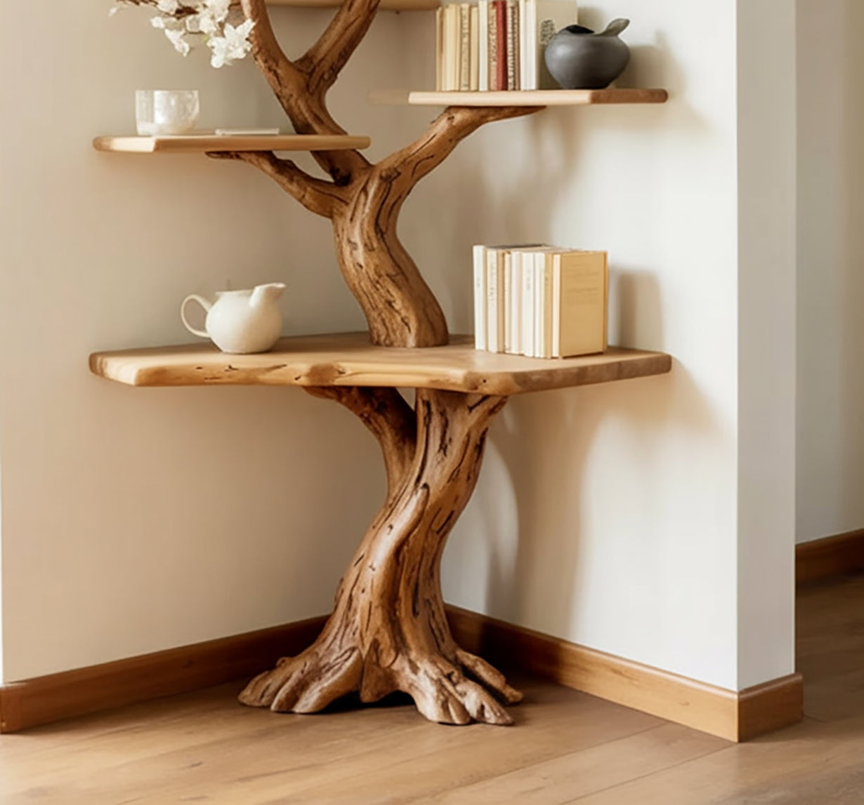 Rustic Corner Tree Bookshelf with Integrated Desk Surface
