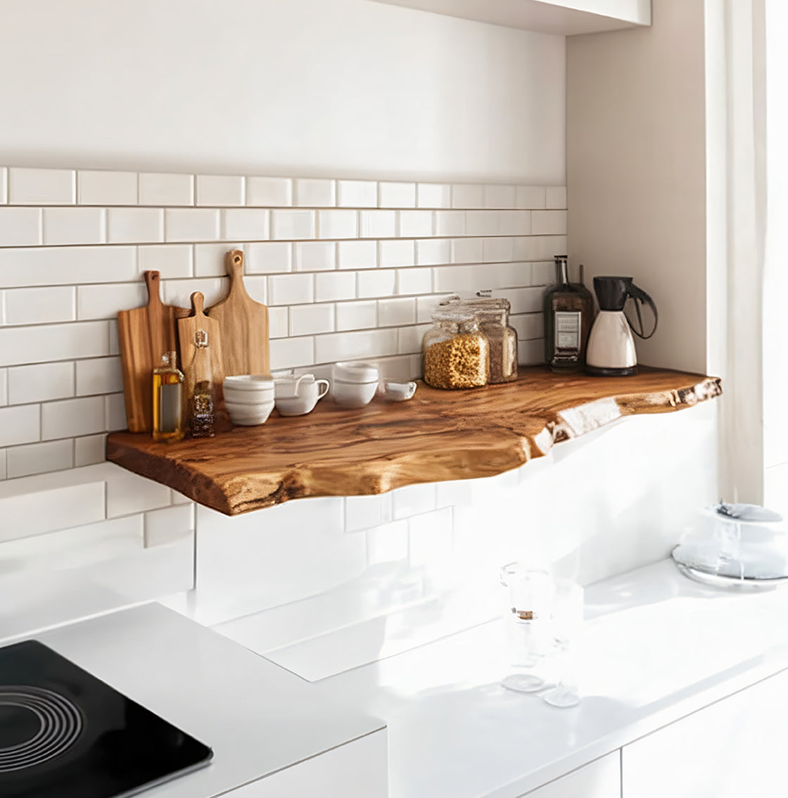 Live Edge Floating Kitchen Shelf – Solid Wood Wall-Mounted Storage