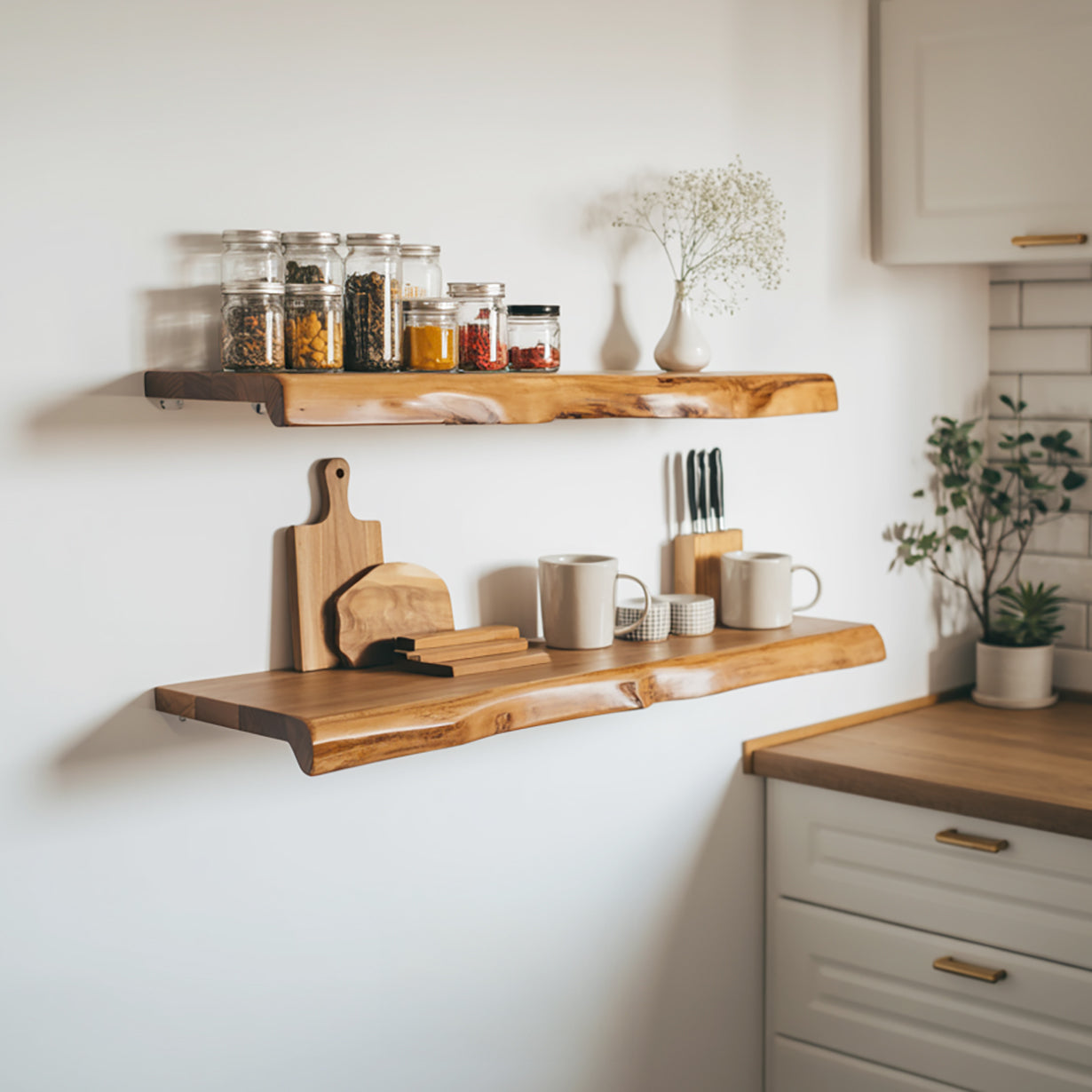 Live Edge Floating Kitchen Shelf – Solid Wood Wall-Mounted Storage