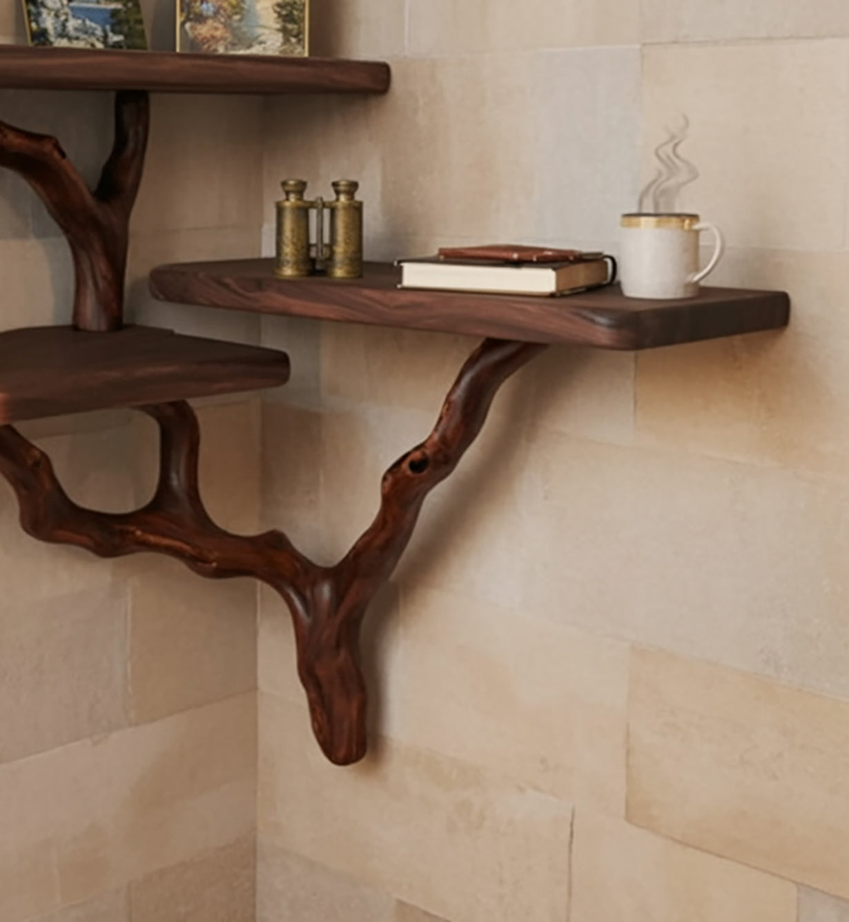 Organic Live Edge Wooden Corner Shelves with Branch Support – Rustic