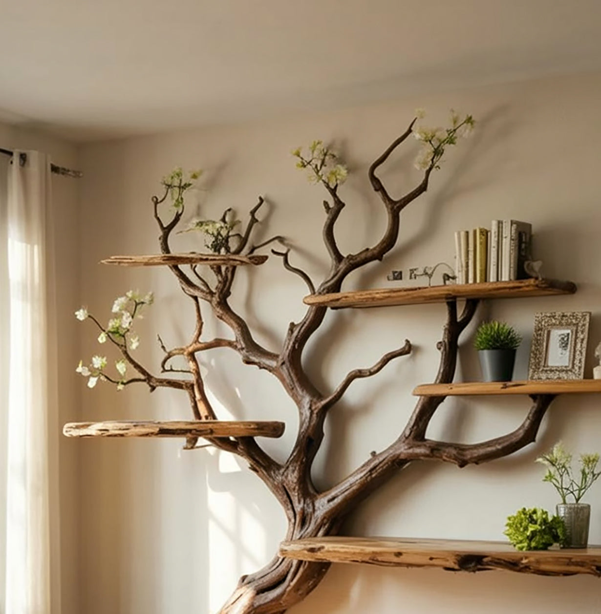 Handcrafted Tree Branch Bookshelf - Natural Wood Floating Shelves - Artistic Wall Decor