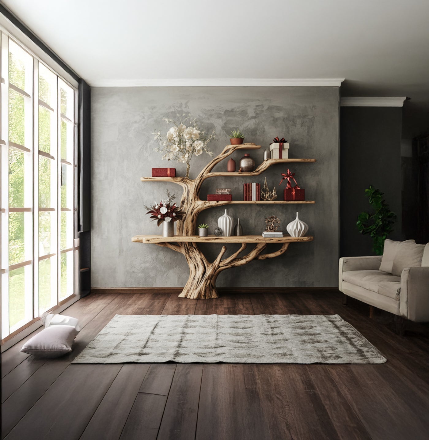 Handmade Rustic Wooden Tree Bookshelf – Solid Wood Wall Art