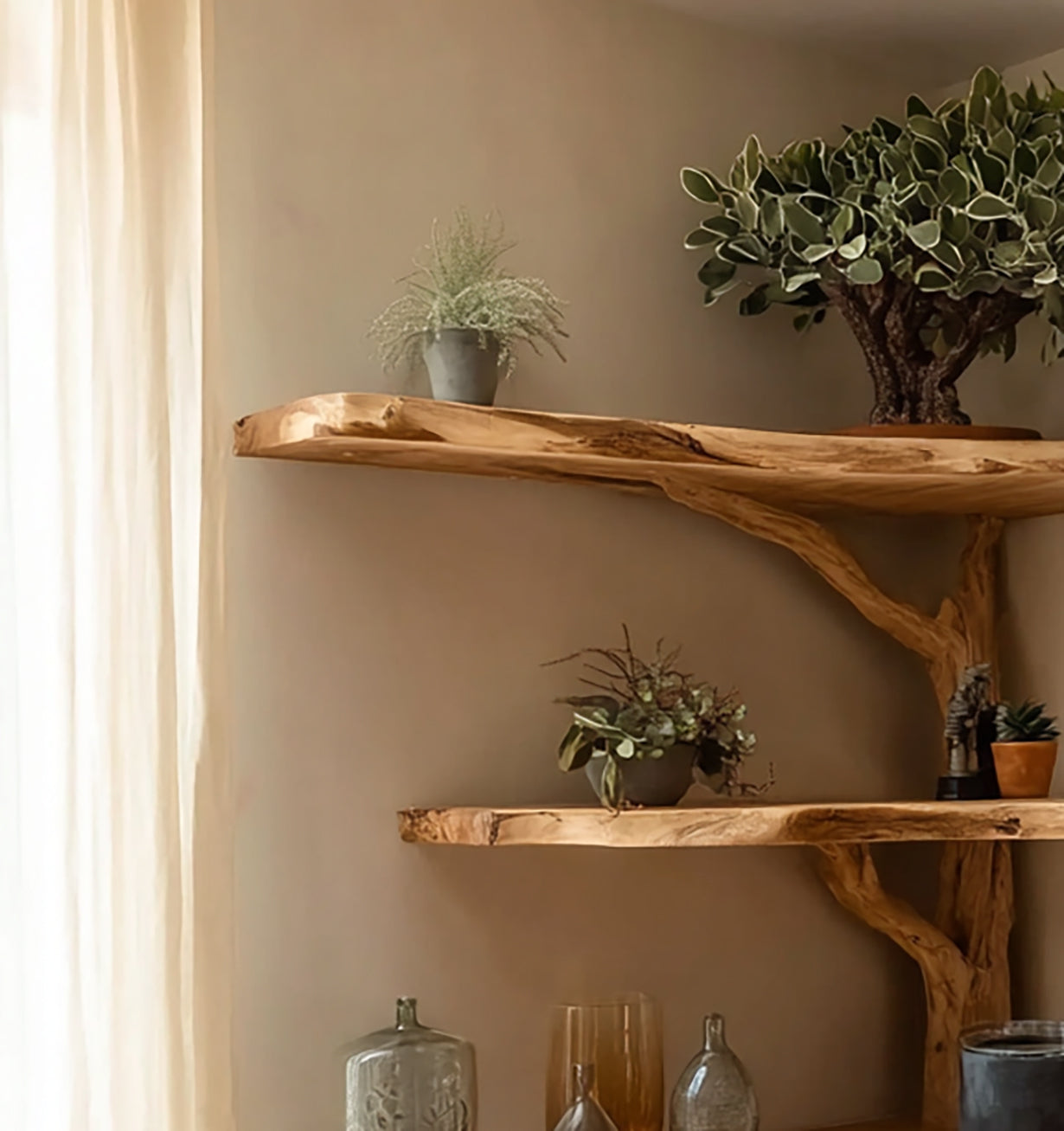 Live Edge Corner Tree Bookshelf – Rustic Handmade Wooden Wall Shelf Unit