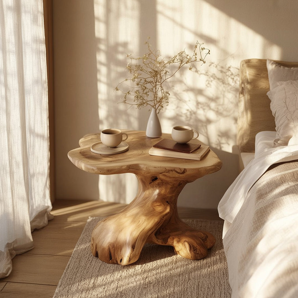 Unique natural wood bedside table with coffee cups, books, and vase in cozy bedroom