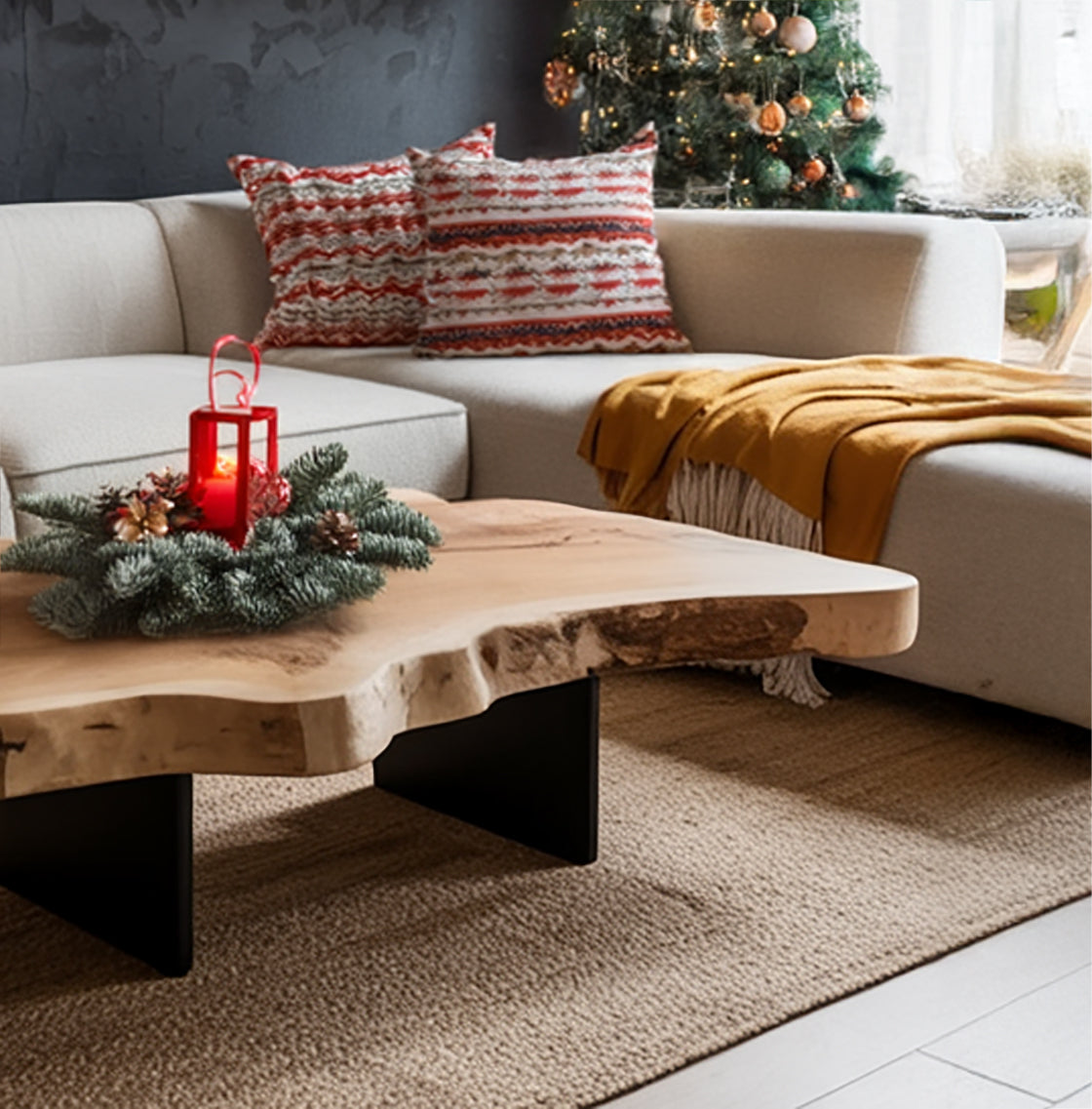 Rustic Live Edge Coffee Table – Handmade Wood Slab with Black Metal Legs