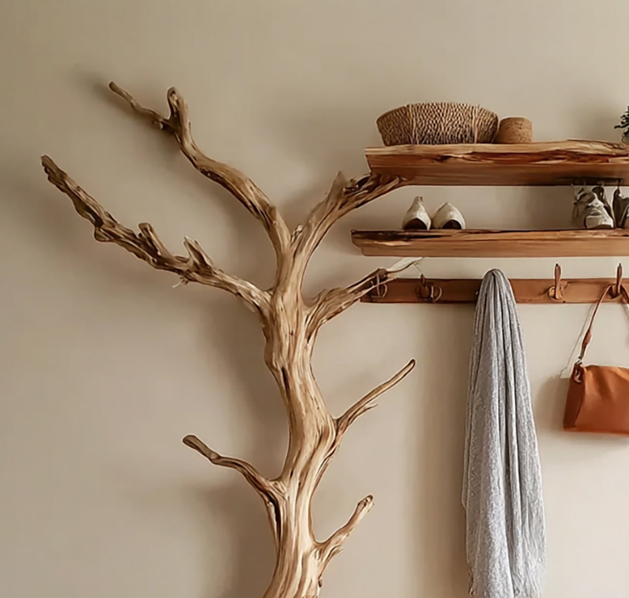 Natural Tree Branch Coat Rack – Wall-Mounted Driftwood Hanger