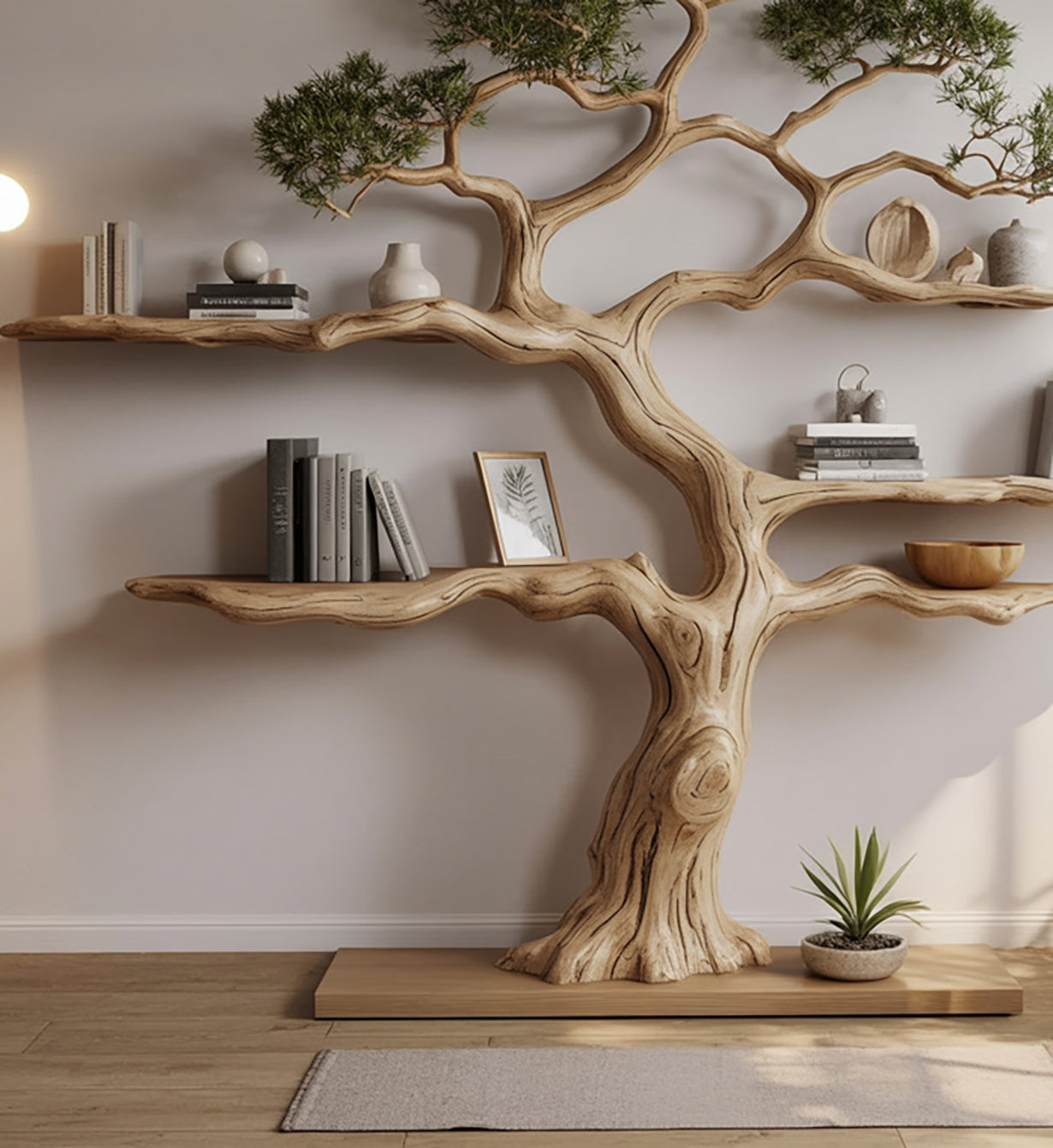 wooden tree-shaped bookshelf with books, decor items, and potted plant in modern room