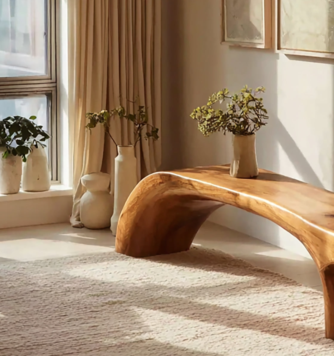 Handcrafted Solid Wood Bench – Modern Curved Live Edge Seating