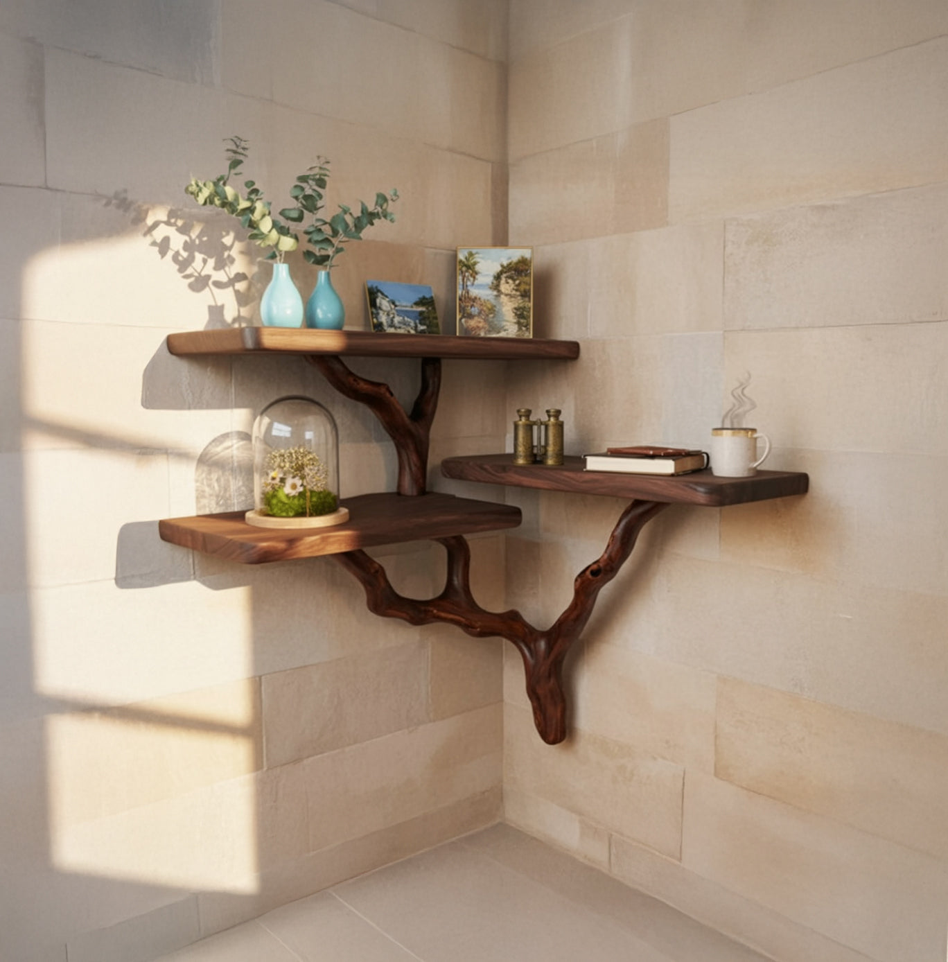 Organic Live Edge Wooden Corner Shelves with Branch Support – Rustic