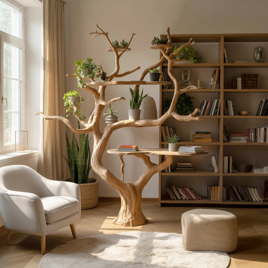 Living room with wooden tree-shaped shelf, plants, armchair, pouf, bookcase, and natural light