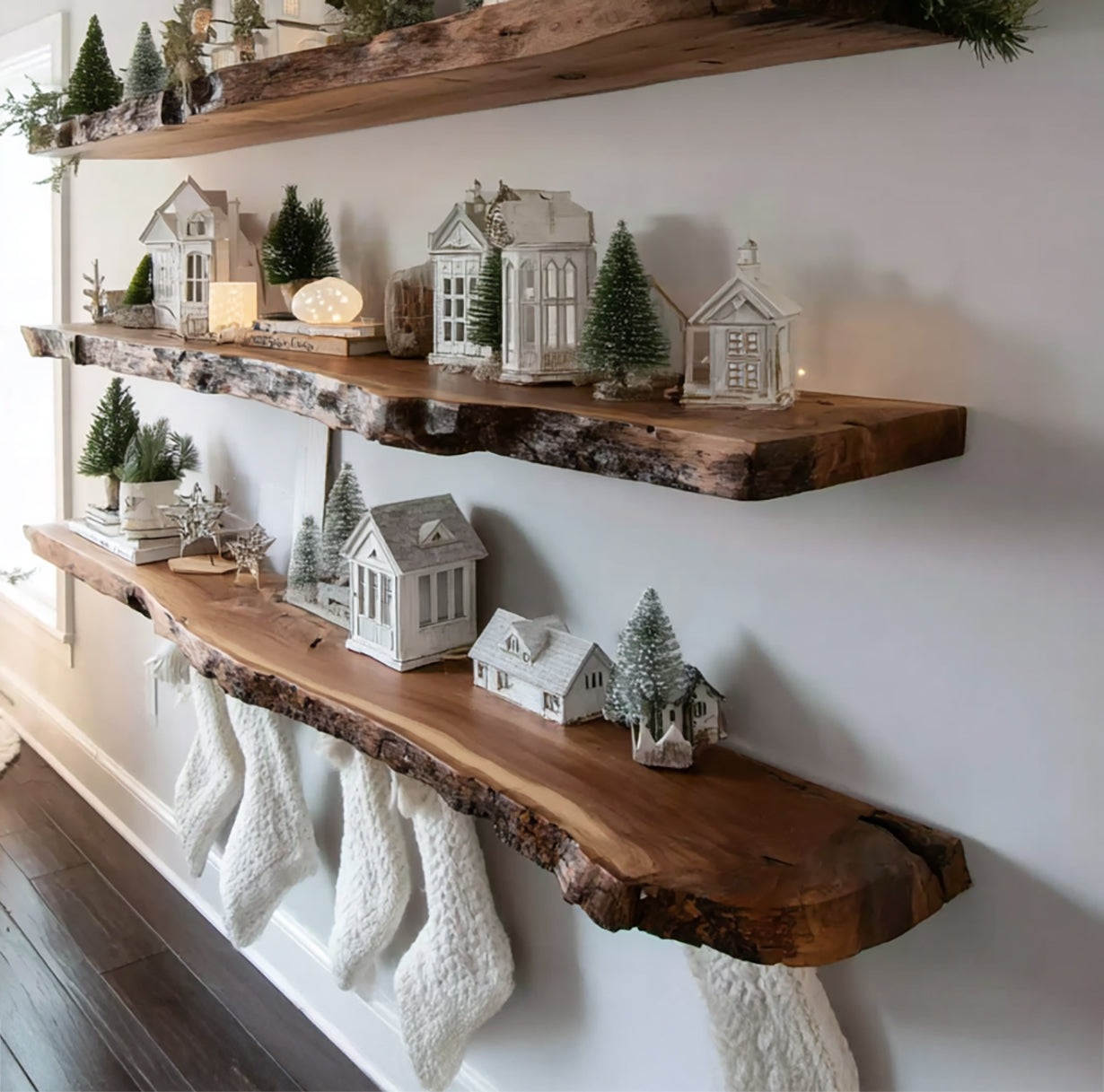 Christmas Live Edge Floating Shelves – Rustic Solid Wood Wall Decor
