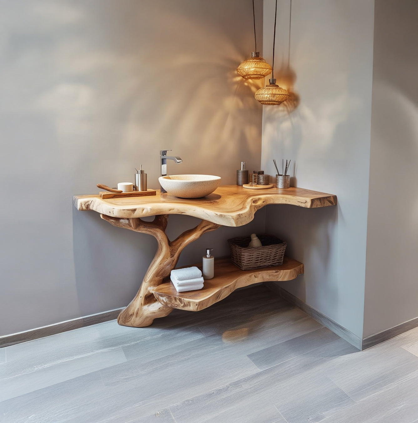 Handcrafted Live Edge Solid Wood Bathroom Vanity with Sculptural Tree Base