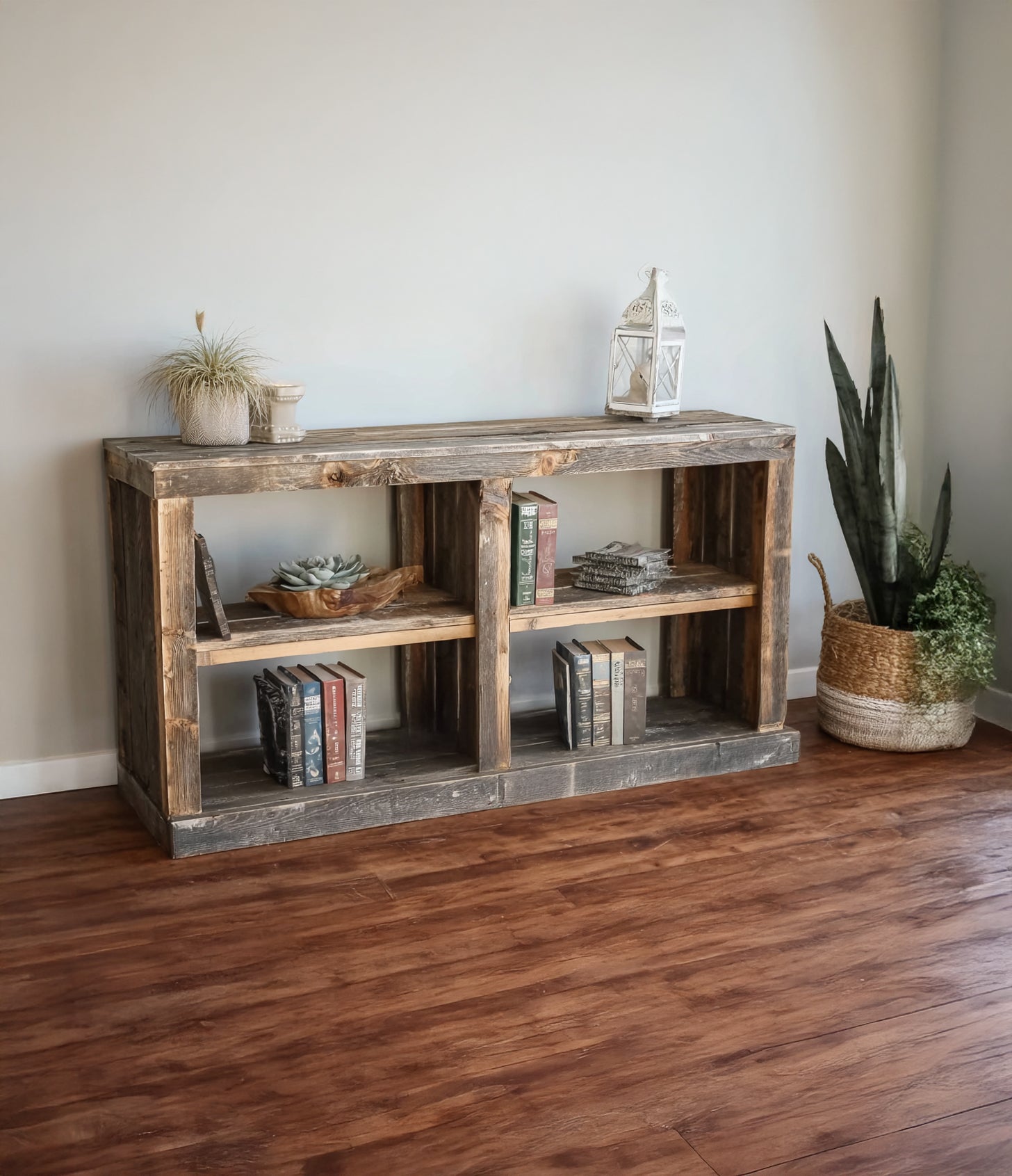 Rustic Solid Wood Bookshelf | Handmade Farmhouse Console Table & Storage Display
