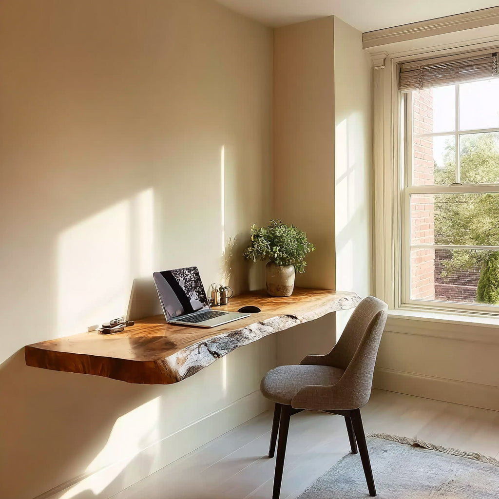 Live Edge Floating Desk – Handmade Solid Wood Wall Mounted Desk for Home Office