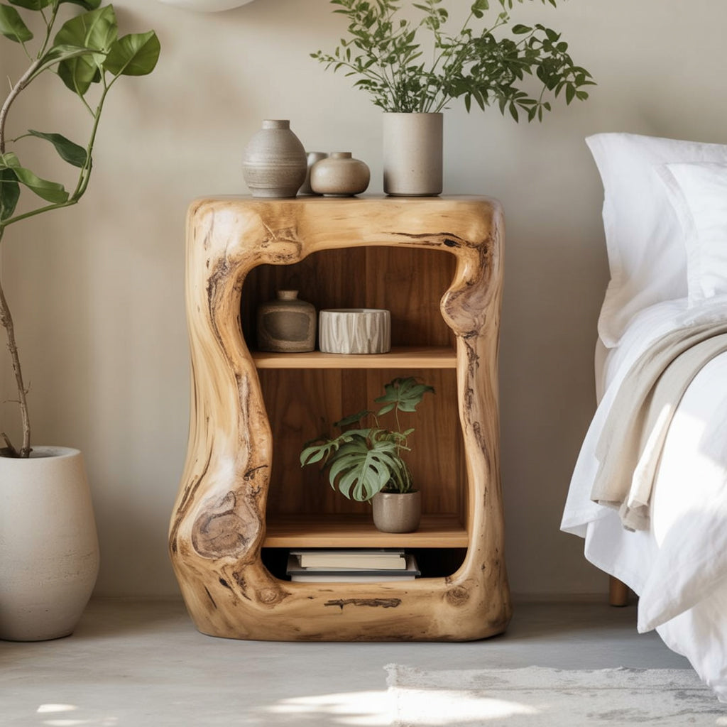 Live Edge Wood Nightstand – Handmade Natural Wood Bedside Table with Shelves
