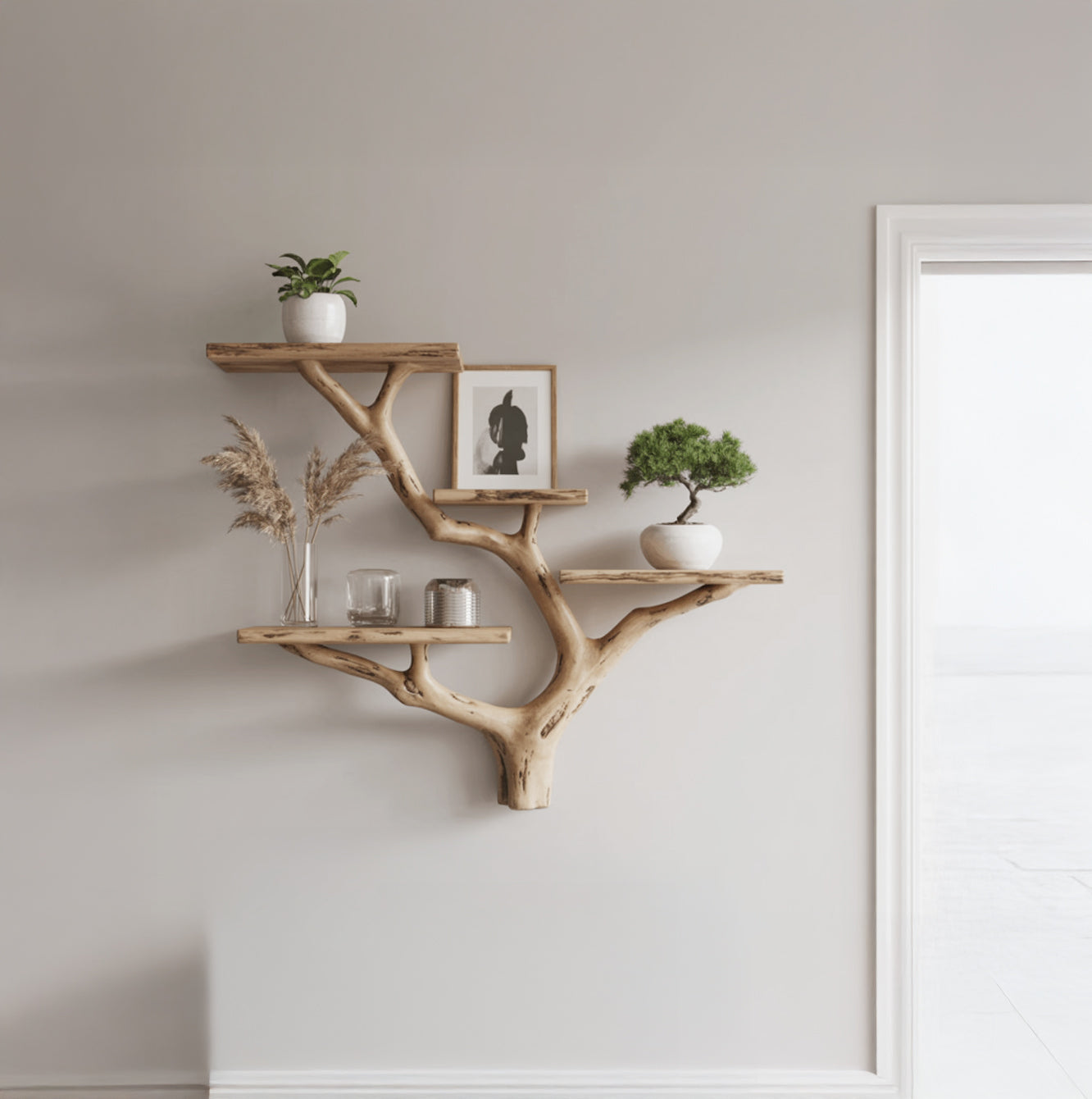 Handcrafted Tree Branch Bookshelf - Natural Wood Floating Shelves - Artistic Wall Decor