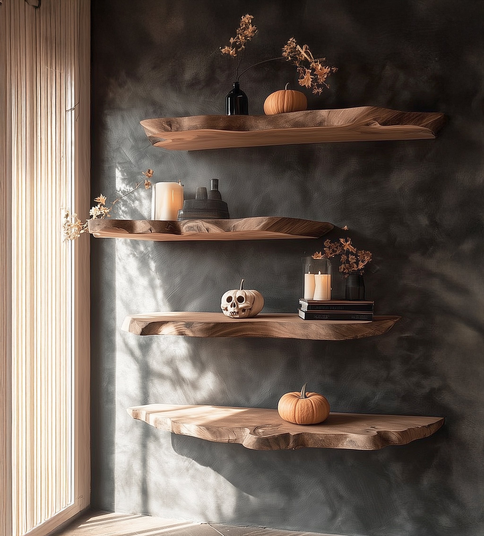 Live Edge Floating Shelves – Solid Wood Wall Shelf for Rustic Kitchen or Home Bar Decor