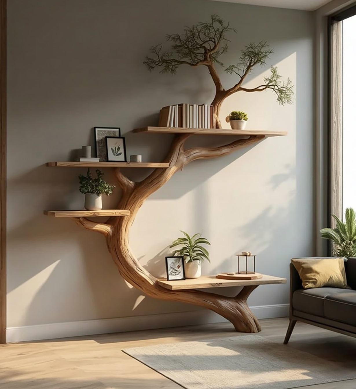 Rustic Tree Bookcase Floating Shelf Decoration Living Room