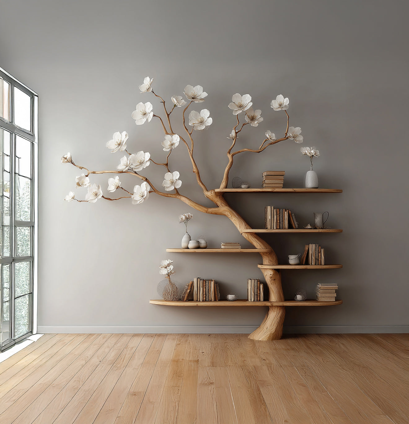 Blooming Tree Bookshelf – Handcrafted Wooden Flower Shelf for Elegant Home Decor
