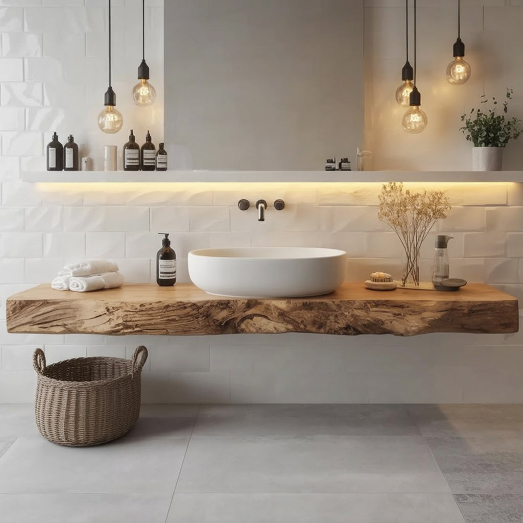 Organic Live Edge Solid Wood Floating Bathroom Vanity with Shelf