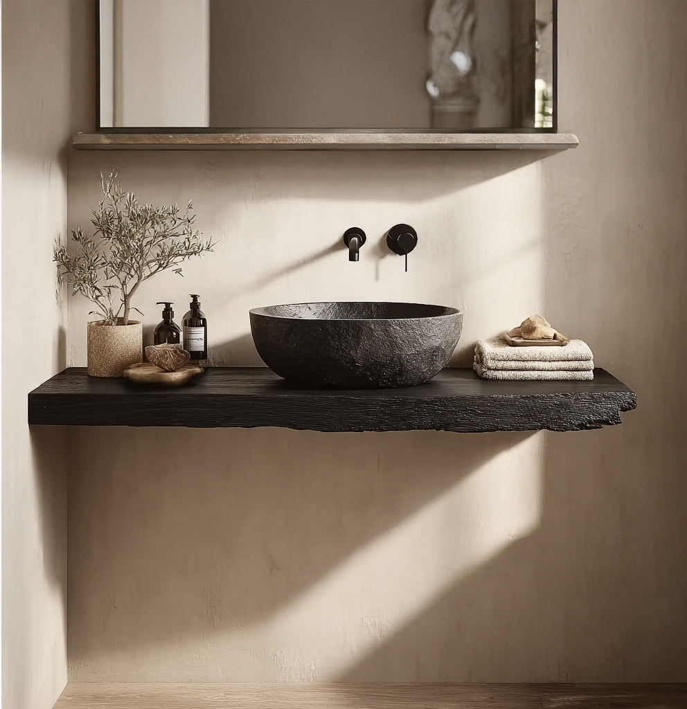 Rustic Corner Vanity Shelf – Handmade Live Edge Bathroom Shelf with Wall Mounted Brackets