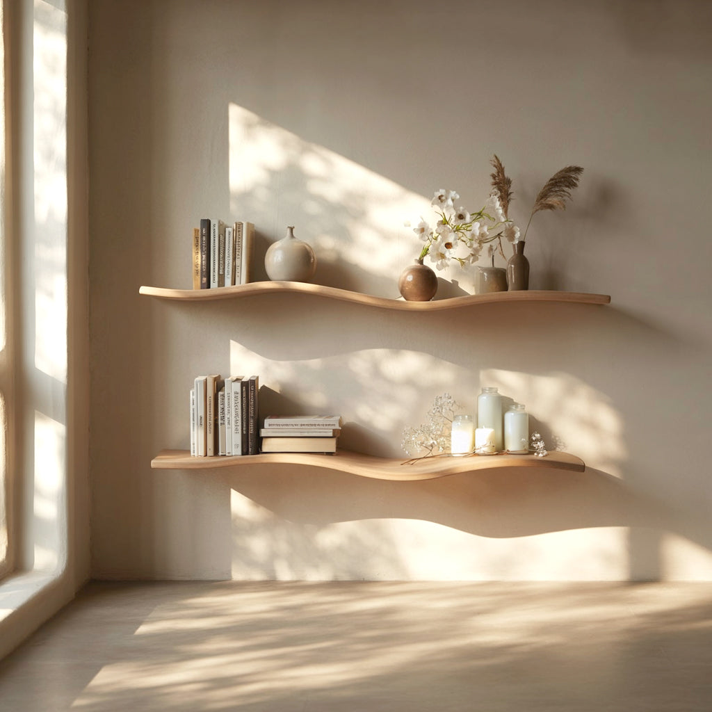 Handcrafted Wavy Rustic Wooden Shelf – Mid-Century Bookcase, Home Décor & Gift