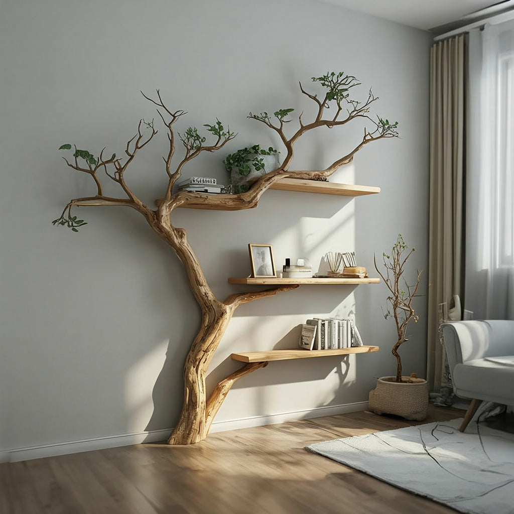 Handcrafted Tree-Inspired Wooden Wall Shelf – Sculptural Branch Design