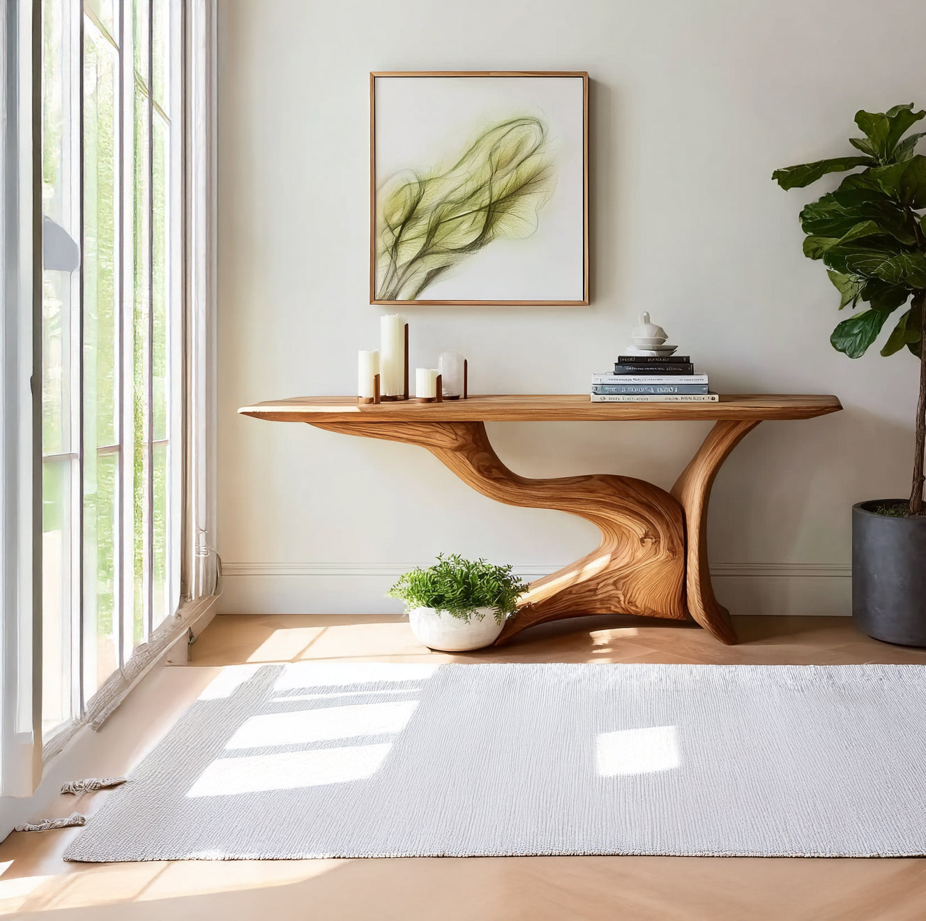 Live Edge Solid Wood Console Table – Handcrafted Entryway Table with Sculpted Base