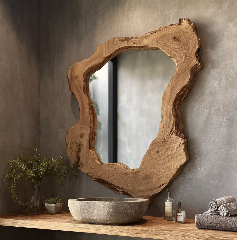 Modern Live Edge Wall Mirror – Handmade Wooden Decorative Mirror for Living Room, Bathroom or Vanity