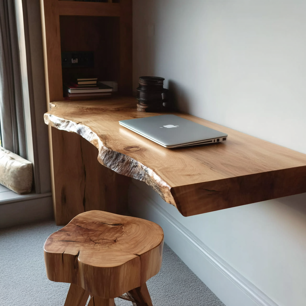 Handcrafted Floating Live Edge Wooden Desk – Solid Wood Wall-Mounted Home Office Desk