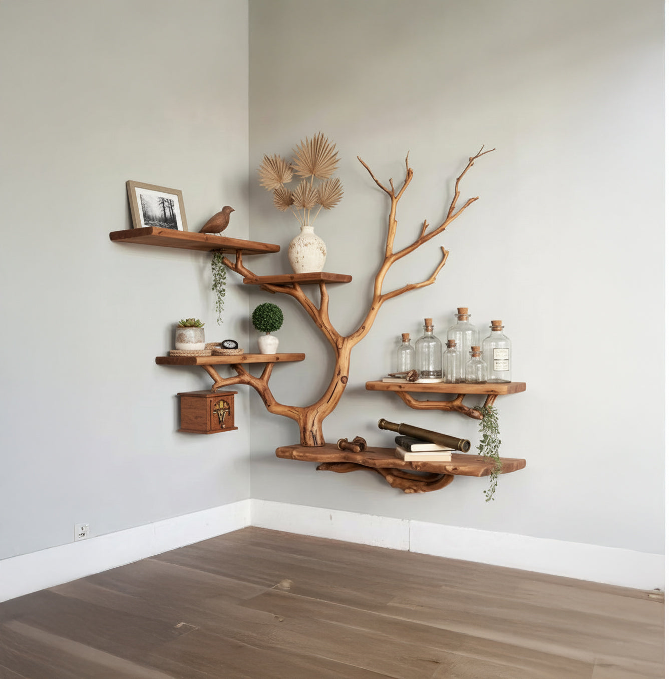 Handcrafted Tree Branch Wall Shelf – Solid Wood Sculptural Bookshelf