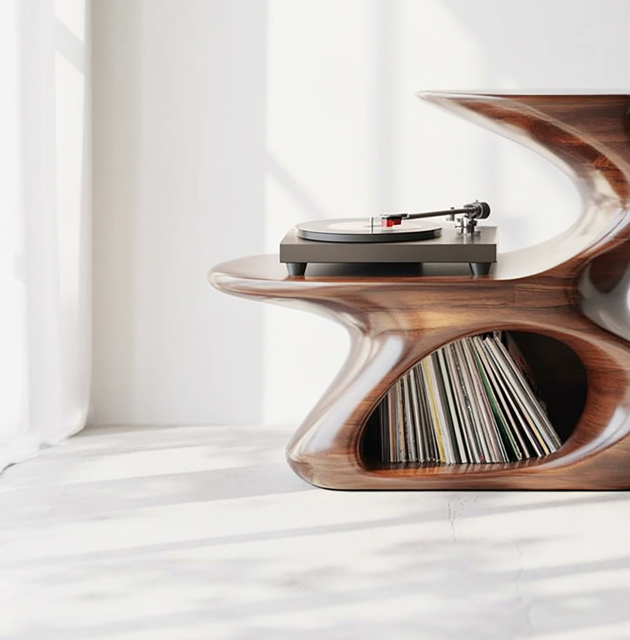 Sculptural Wood Record Player Stand – Organic Modern Vinyl Storage Table