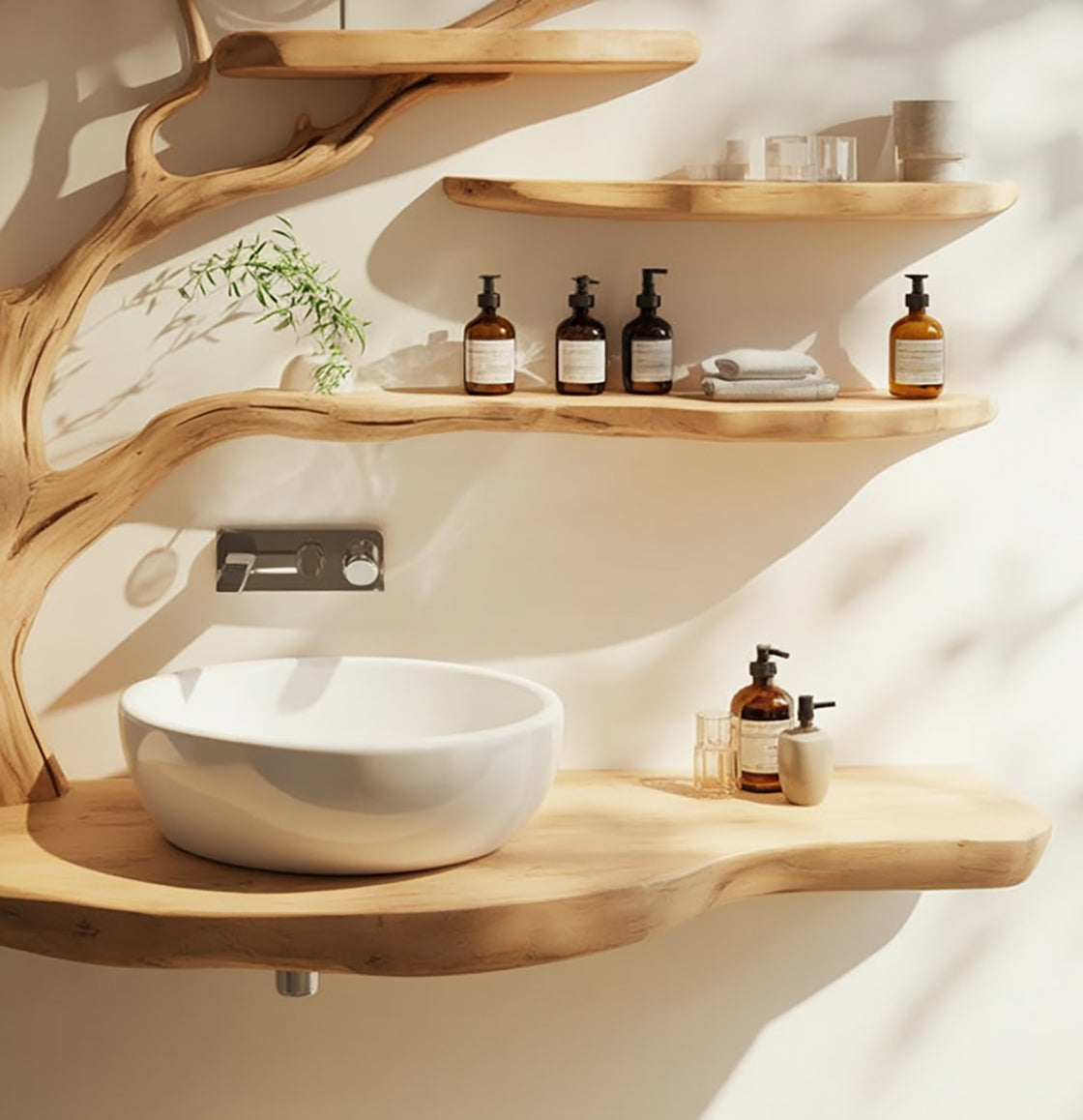 Live Edge Wood Bathroom Vanity with Tree Branch Shelves – Handmade Natural Sink Console