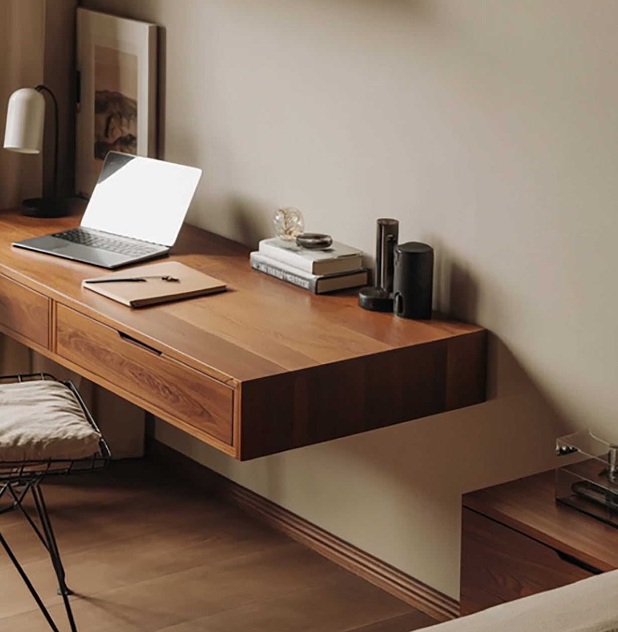 Modern Floating Wall Desk with Drawers – Minimalist Solid Wood Home Office Desk