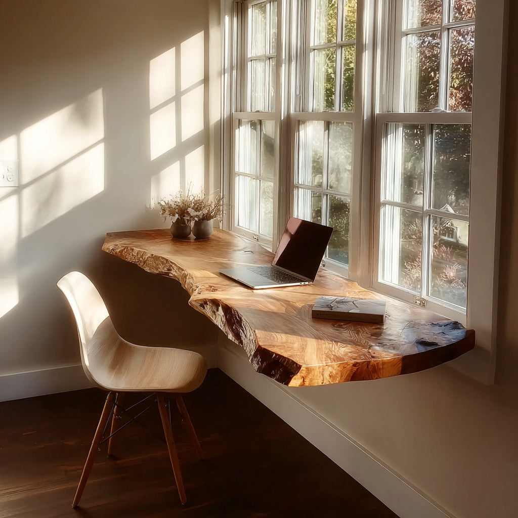 Handcrafted Live Edge Floating Desk – Natural Solid Wood Wall Desk for Home Office