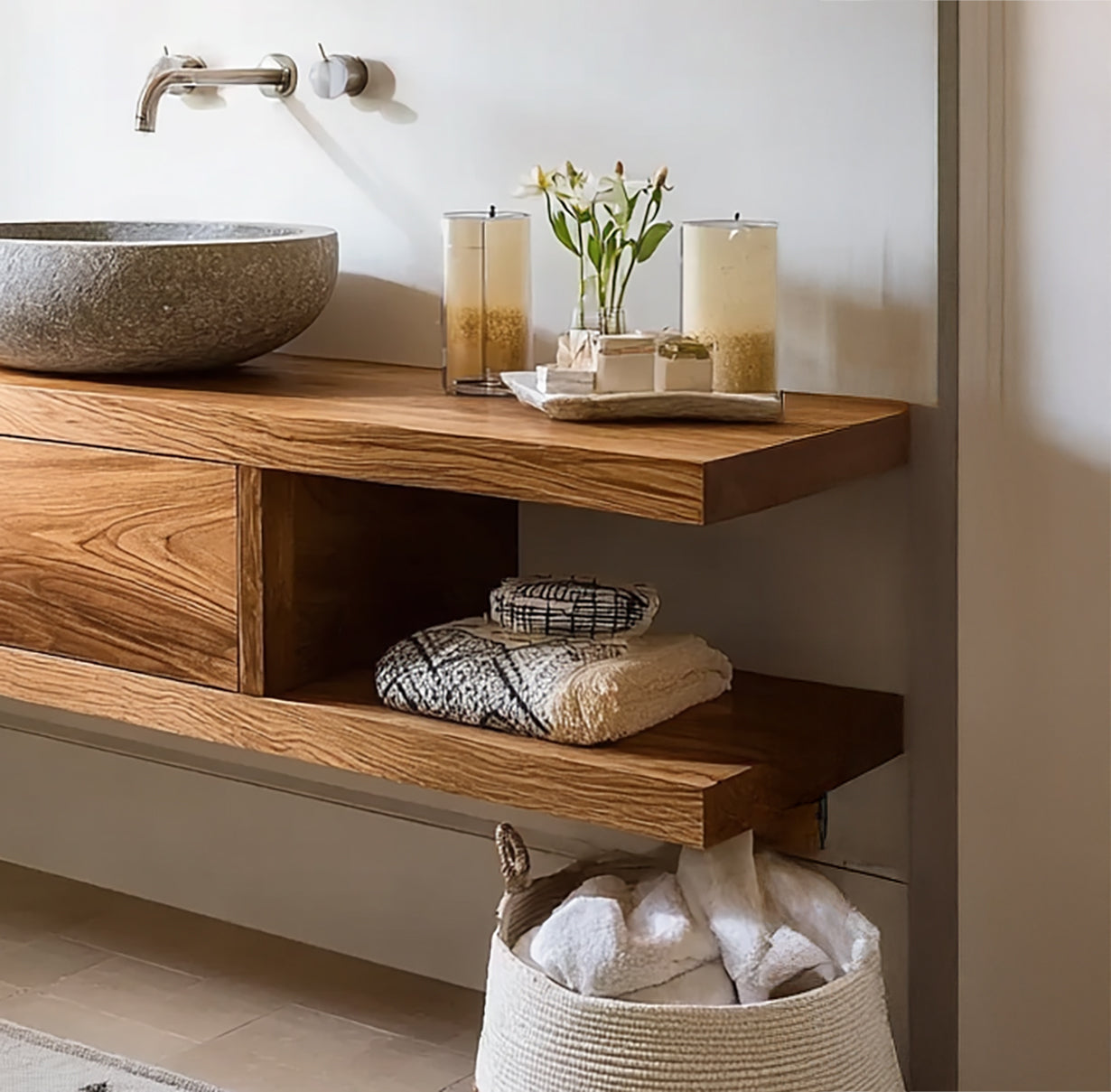 Floating Solid Wood Bathroom Vanity – Modern Minimalist Bathroom Furniture