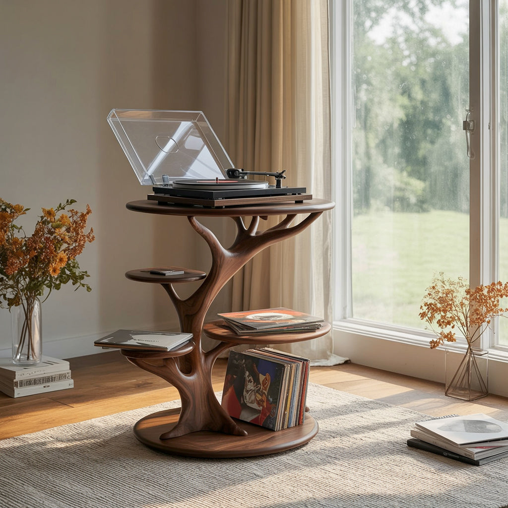 Handcrafted Wooden Record Player Stand – Artistic Vinyl Turntable Table