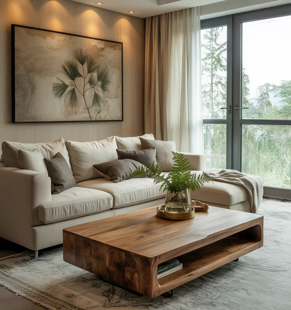 Solid Wood Coffee Table with Open Shelf – Handmade Acacia, Modern Rustic Design