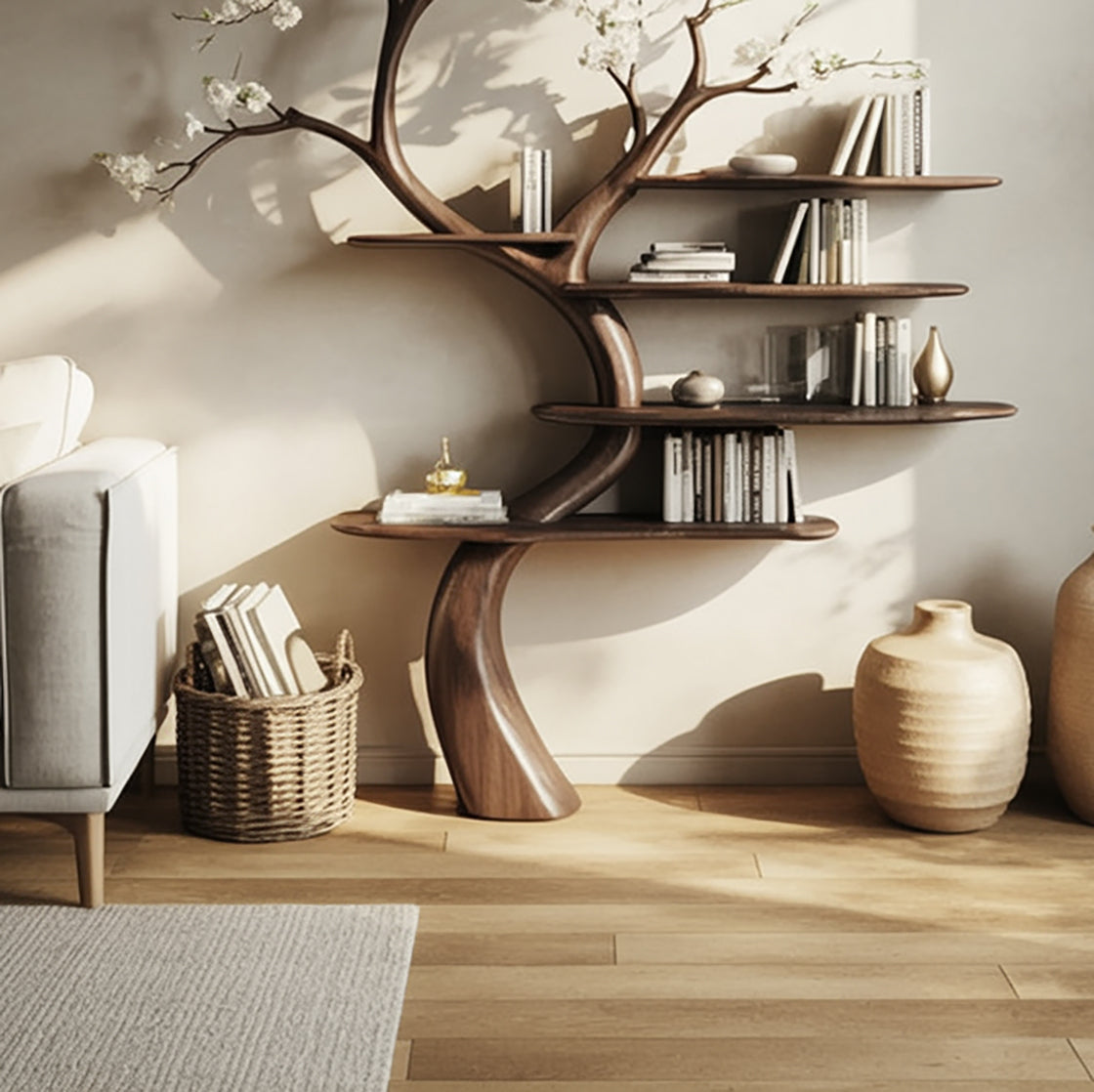 Floral Tree Branch Bookshelf – Artistic Solid Wood Display Shelf for Living Room